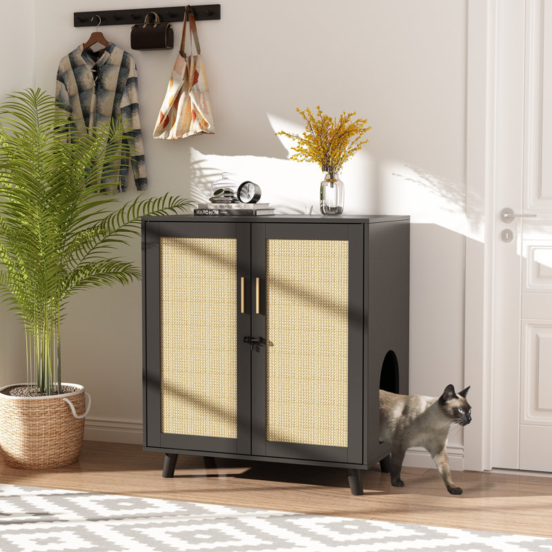 Modern Cat Litter Box Enclosure With Lock And Sisal Door Black